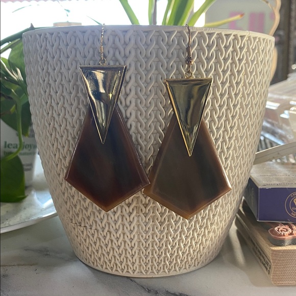 Jewelry - Gold Triangle Top Brown Geometric Drop Earrings - Women Jewelry 3 inch